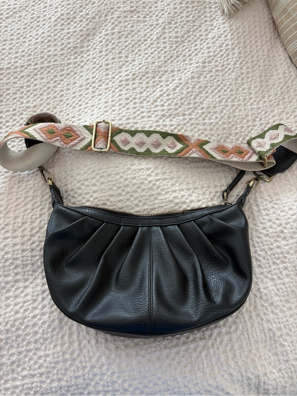 Urban Expressions Black Leather Pleated Shoulder Bag with Patterned Strap